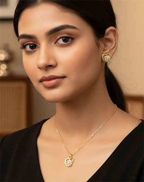 Bloom Heart Anti-Tarnish Pendant Necklace Set With Earrings