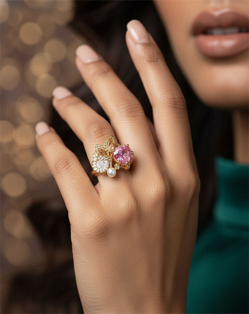 Bloom Pink And White Crystal Anti-Tarnish Gold Plated Ring