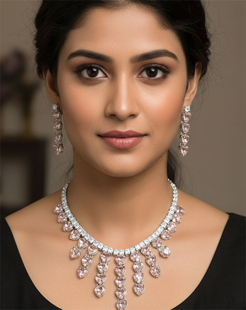 Blush Heart Cascade Crystal Necklace Jewellery Set with Matching Earrings