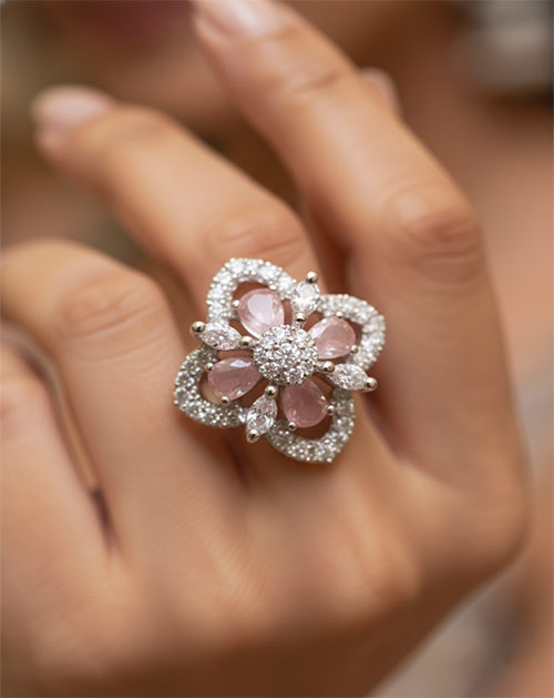 Blush Pink Crystal Floral Silver Plated Ring