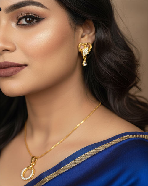 Circle Drop Micro Gold Plated Pendant Mangalsutra With Earrings