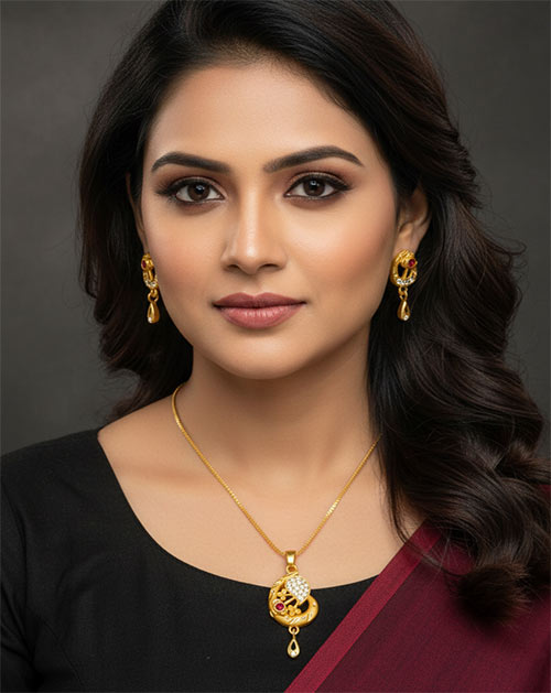Classic Floral Curve Micro Gold Plated Pendant Mangalsutra With Earrings