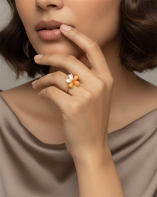 Dual Floral Crystal Anti-Tarnish Gold Plated Ring