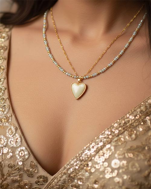Elegant Heart Bead And Chain Layered Anti-Tarnish Pendant Necklace