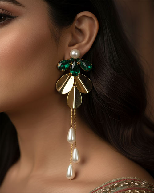Emerald Pearl Cascade Anti-Tarnish Gold Plated Earrings