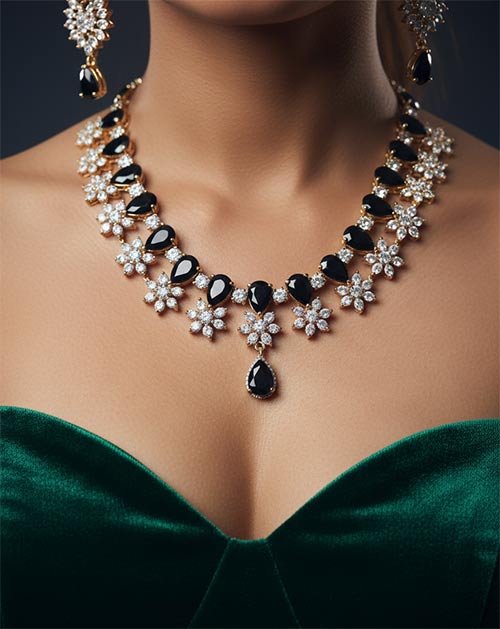 Gold Plated Black Crystal Floral Necklace Set With Drop Earrings