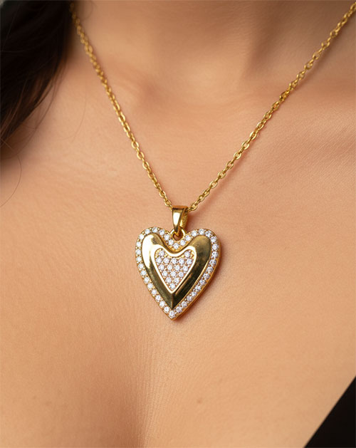 Golden And AD Heart Anti-Tarnish Pendant Necklace