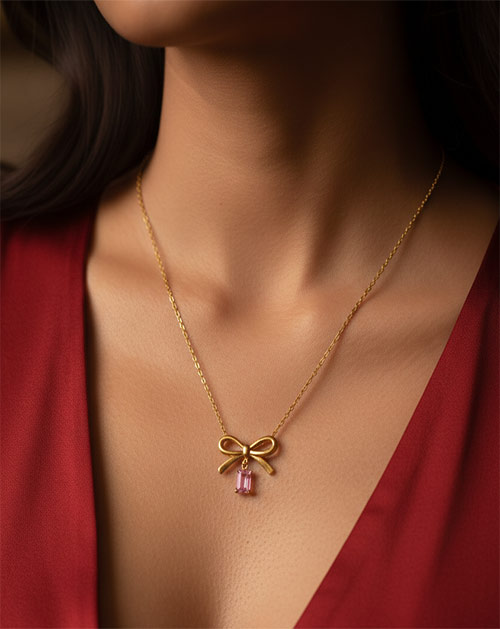 Golden Bow Pink Crystal Anti-Tarnish Pendant Necklace