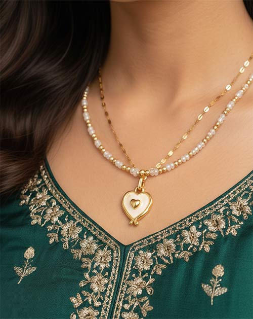 Golden Heart Harmony Bead And Chain Layered Anti-Tarnish Pendant Necklace
