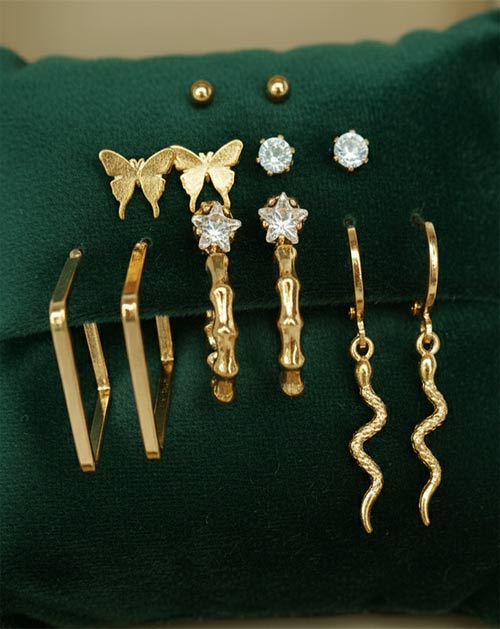Golden Multi-Style Stud & Hoop Earrings 6 Set