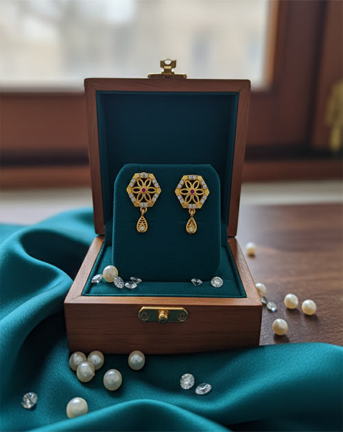 Hexa Floral AD Gold Plated Drop Earrings