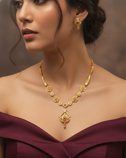 Hexagon Micro Gold Plated Necklace with Matching Earrings