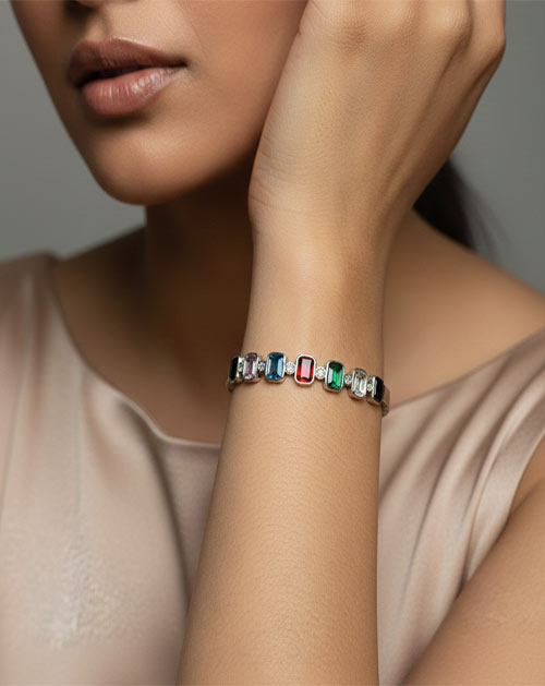 Multicolor Emerald-Cut Crystal Anti-Tarnish Silver Plated Bracelet