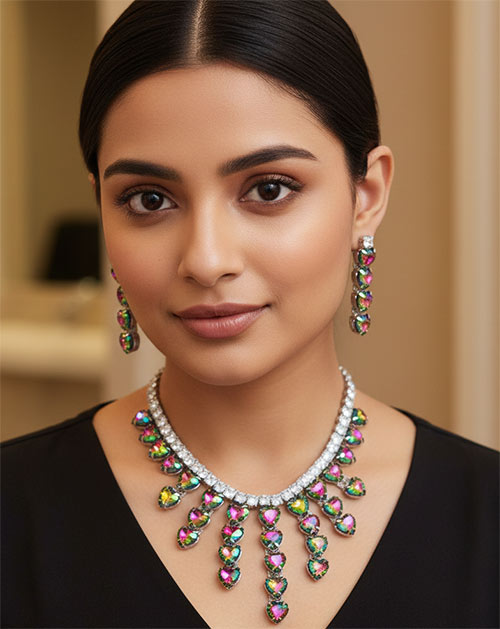 Multicolor Heart Cascade Crystal Necklace Jewellery Set with Matching Earrings
