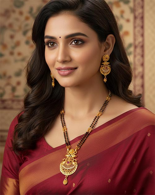 Peacock Motif Micro Gold Plated Mangalsutra Set With Matching Earrings