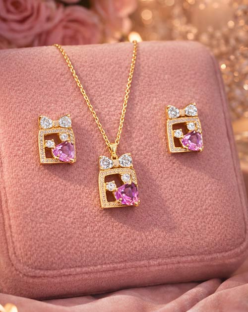 Pink Heart Bow Anti Tarnish Gold Tone Pendant Necklace Set With Earrings