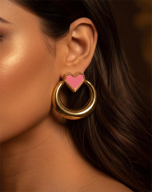 Pink Heart Half-Moon Curve Gold Plated Earrings