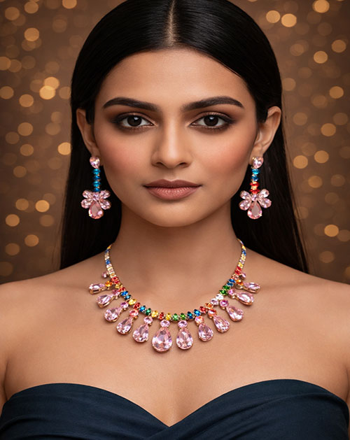 Rainbow Crystal Drop Necklace Set with Pink Teardrop Stones