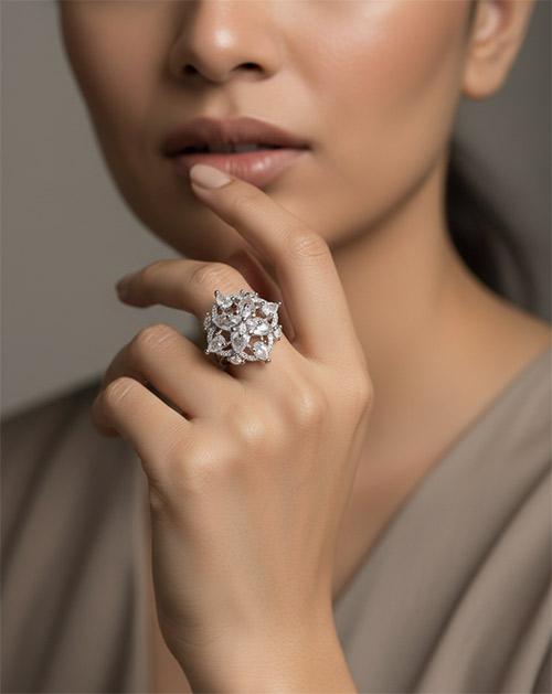 Royal Crystal Floral Silver Plated Ring