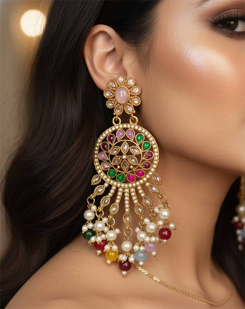 Royal Pearl Multicolor Waterdrop Chandbali Earrings with Light Pink Stone