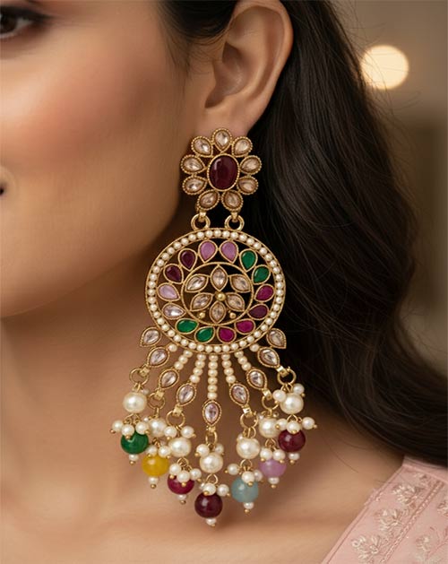Royal Pearl Multicolor Waterdrop Chandbali Earrings with Ruby Stone