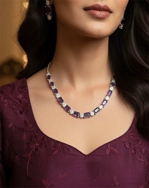 Royal Purple Crystal Necklace, Earrings, Bracelet & Ring Jewellery Set 