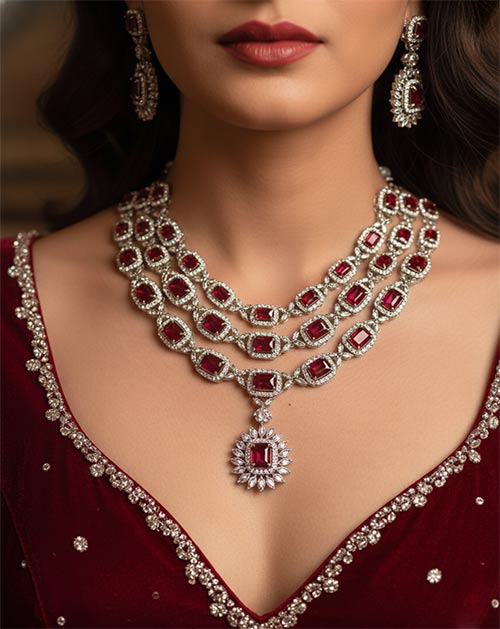 Ruby Red CZ And AD Layered Bridal Necklace Set With Earrings 