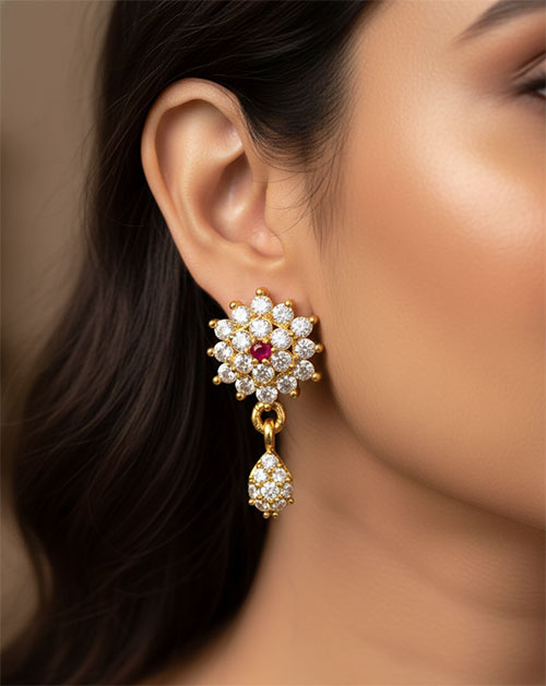 Ruby Bloom AD Cluster Gold Plated Drop Earrings