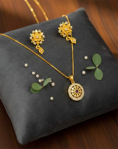 Sun Mandala Micro Gold Plated Pendant Mangalsutra With Earrings