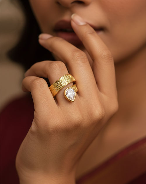 Textured Crystal Drop Anti-Tarnish Gold Plated Ring