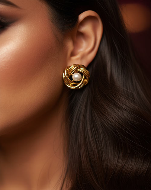 Twisted Knot Pearl Anti-Tarnish Gold Plated Stud Earrings